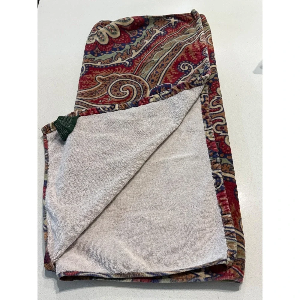 Vtg Ralph Lauren Home Red Blue Paisley Cotton Bath Towel Heritage Print Luxury